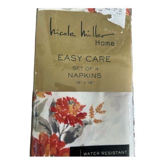 NWT Nicole Miller Home Linen Napkins Floral 4 Orange Gray Red 18"x18" Easy Care - Picture 2 of 4